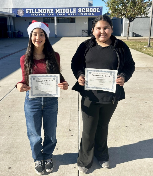 We want to celebrate our Students of the Week for December 18th; our final students of the week for the first semester, Sophia Bernal, Celina Gomez and Andrew Gonzales (not pictured). Congratulations to these Bulldogs for demonstrating Bulldog pride. Photo credit https://www.facebook.com/photo.php?fbid=1144358404358306&set=a.1037438868383594&type=3.