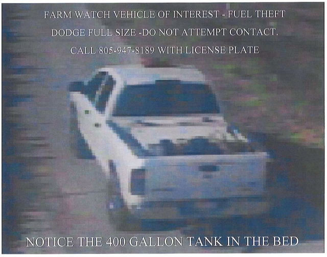 DIESEL THEFT:
Two weeks ago Farm Watch reported a large quantity diesel theft from a farm located on Stockton Road. In response, your deputies hand delivered warning fliers at nearby farms and nurseries.
This crook is bold.  He drove right up to the farmer's elevated bulk diesel tank and sucked 400 gallons into his Ful-Size, white colored, 4 door Dodge pickup. 
 
Take a look at the attached 2 page photos of our suspect truck. The crook has a large white metal fuel tank hidden in the bed. Its large enough to handle bulk theft of diesel. It is a very unique truck that has an amber highway warning light on top. There are no company logos on the side of the truck. This white Dodge truck is used by the crooks because they can blend in while sneaking around farms and ranches unchallenged. 
 
We have attached two surveillance pictures of the suspect's actual truck. Let's help find this truck. Your farm, nursery or ranch could be next. Call my cell or text me at 805-947-8189 if you see this truck. Jot down the license plate but do not confront the driver.