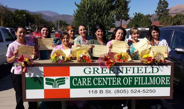 Congratulations to our recent graduates at Greenfield Care Center of Fillmore for completing their Certified Nursing Assistants program. CNA Training & Careers: California's demand for CNA's is predicted to increase by 20% by the year 2020 and we are happy to serve the community with these classes. Greenfield Care Center is honored to present the latest graduates for September 2013. Thank you to Bea Colin, Teacher and Direct Care Coordinator of Greenfield Care Center of Fillmore.
