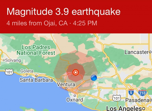 On Thursday, February 10th at 4:25pm, a 3.9 earthquake occurred four miles near Ojai, California.