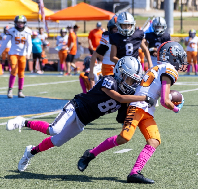 Pictured above is Raiders Sophomore Black #89 making a tackle in this past Saturday’s game against the Simi Valley Bulldogs. Final score, Raiders 0 – Bulldogs 40. Photo credit Crystal Gurrola. More photos online.