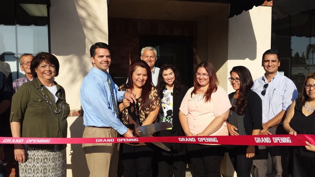 Celebrating their Grand re-opening in style on May 29, 2014 Heritage Valley Eye Care Optometric Center (pictured Dr. Luekenga, office manager Monica Hernandez,Carina Ruiz and Maria Barraragan, Fillmore mayor Manny Minjares and Fillmore Chamber president Irma Magana