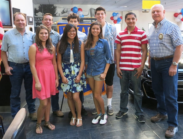The Rotary Club of Fillmore presented the FHS scholarships awards. (l-r) (front row) Jordan Vassaur, Citlali Erazo, Kiana Hope, (back row) Scott Beylik, Rotarian, Nicholas Johnson, Gilberto Acevedo, Carson McLain, Anthony Larin, Dick Richardson, Rotarian.