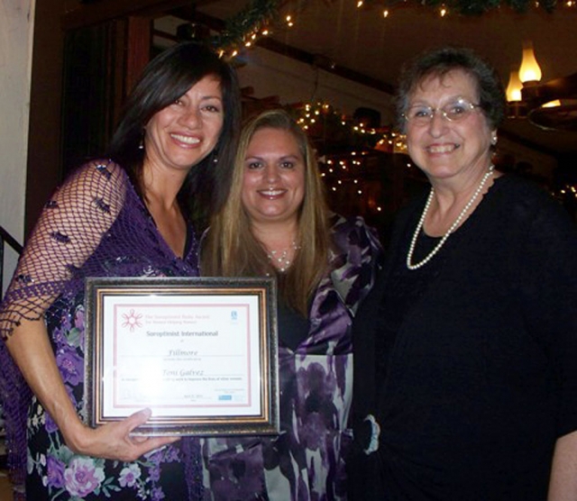 The highest Soroptimist honor that evening, the Ruby Award, was presented to Toni Galvez, left. Through her personal and professional activities Toni has worked to improve the lives of women and girls. Pictured right is Betty Carpenter.