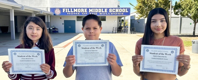 Fillmore Middle School recognized three Students of the Week last week. Fillmore Middle School Principal Jenny Plugge said, “We want to celebrate our students of the week for October 25th. Ellyse Miramontes, Emmanuel Martinez, and Valeria Garza Murillo. Congratulations to these Bulldogs for demonstrating Bulldog Pride!” Photo here: https://www.facebook.com/photo.php?fbid=1103793045081509&set=a.1037438868383594&type=3.