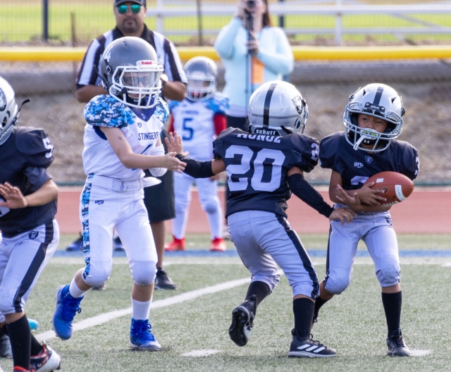 Above is Raiders Mighty Mites Silver’s #20 making the block for a teammate carrying the ball past the Camarillo defense. Final score Fillmore Mighty Mite Silver-1, Camarillo Stingers-36. Photo credit Crystal Gurrola. 