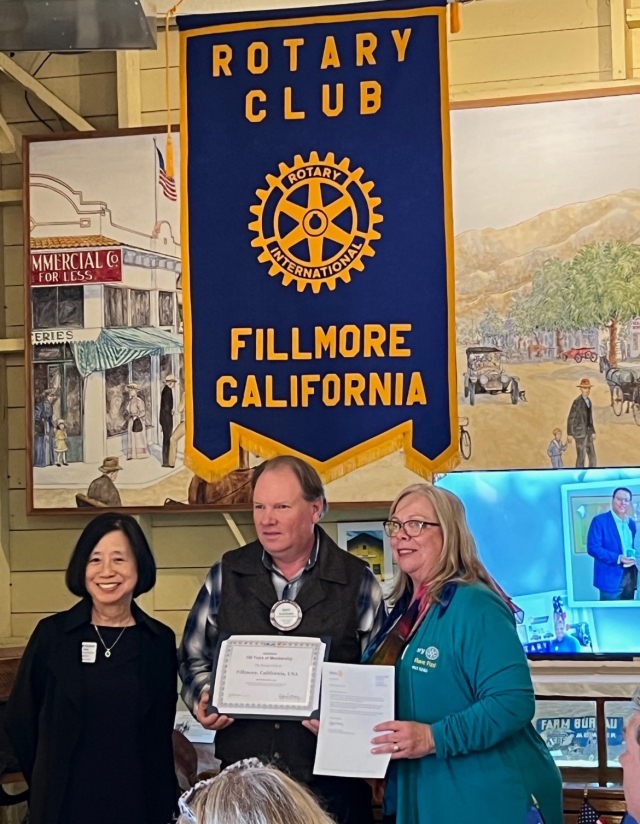 Pictured (l-r) are Rotary District Governor Elect Sherry Sim, Rotary President Scott Beylik, and District Governor Marta Brown. Photo credit Martha Richardson.