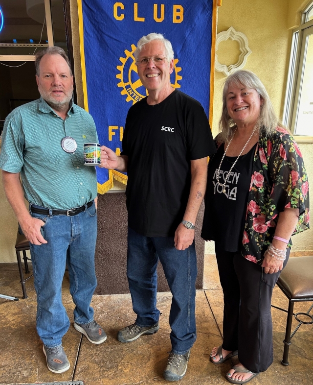 The latest Fillmore Rotary speaker was Ron Merkord from Cienega Springs Ecological Reserve. He is part of the Habitat Restoration and Public Access Project taking place on 280 acres, in the riverbed, near the Fish Hatchery. He is working with the Santa Clara River Conservancy, and Santa Barbara University to conserve the rare and endangered wildlife which are making an area for residents to enjoy this ecological resource. They began by removing the Arundo plants that are very invasive. Volunteers are planting locally adapted plants and broadcasting many pounds of native seeds. They are putting in walking trails and wildlife platforms for visitors to watch birds, fish and wildlife. The area is not open to the public yet. Pictured right are President Scott Beylik, speaker Ron Merkord and Program Chair Renee Swenson. Photo credit Martha Richardson.