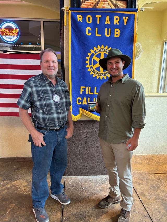 The Fillmore Rotary speaker this week was Sam Langer from Eden Forest Collective. He and his wife moved to Fillmore on Grand Avenue and have created a gathering place where people can come and share ideas, goals and hopes. They will also learn about agriculture and work in the fields where many vegetables are grown on 17 acres. They use a regenerative farming method. Pictured (l-r) are Rotary President Scott Beylik and speaker Sam Langer. Courtesy Martha Richardson.