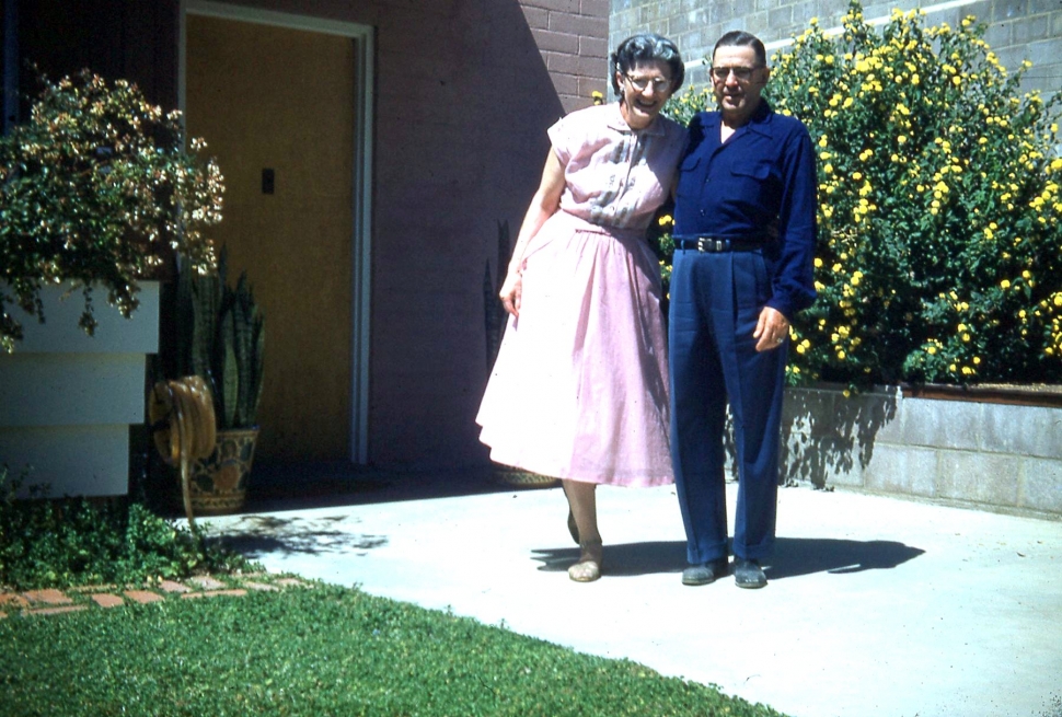 Above is a photo of Edith with her husband Bert (Bertran “Bert” Roderick), c.1954. They married in 1952. Bert was manager at People’s Lumber and was an active Mason; he passed in 1974. Inset, Hazel Hiberly, on the right, with Edith on the Statendam, c. 1970. Photo credit Fillmore Historical Museum.