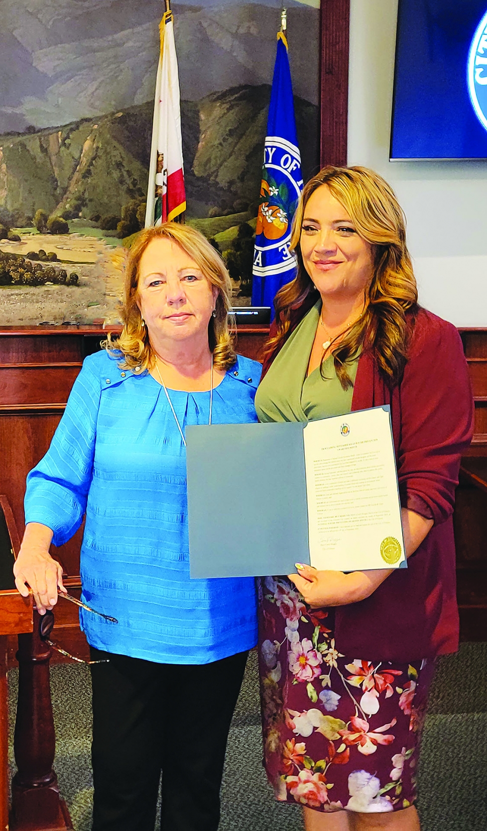 On Tuesday, September 24, the City of Fillmore proclaimed the month of September as Suicide Awareness Month. Pictured right is Fillmore Mayor Carrie Broggie presenting a proclamation to Maya Zumaya, contracted by the County of Ventura Suicide Prevention Program as a certified prevention trainer, who gave a short presentation to the council.