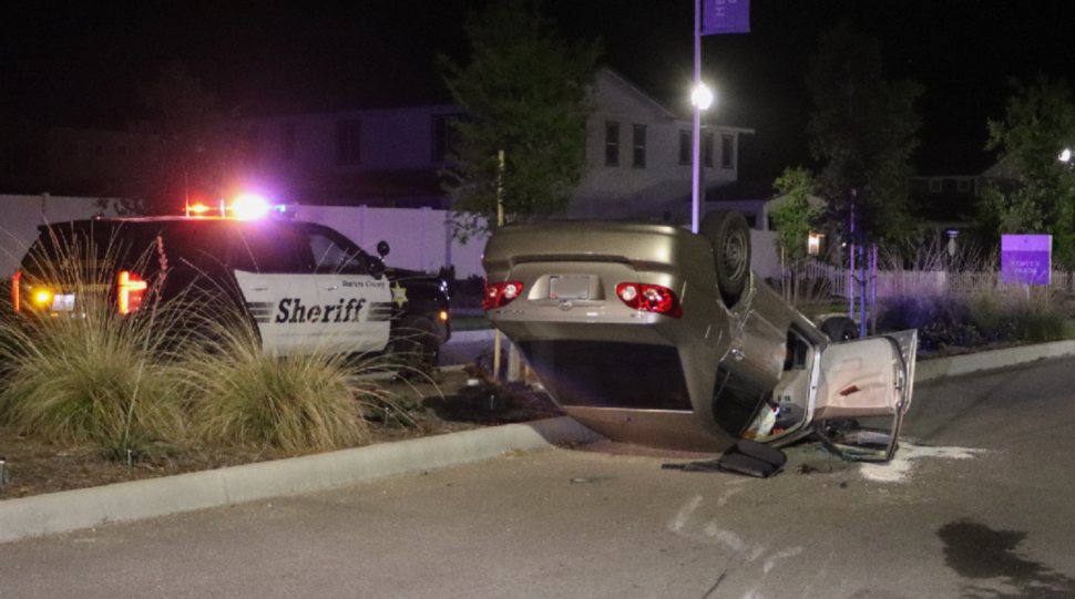 On Monday, April 24, 2023, at 12:04am, Fillmore Police Department, Fillmore Fire Dept., and AMR Paramedics were dispatched to a vehicle rollover in the area of Trestle Way and Orchid Street, Fillmore. Arriving Fillmore deputies found a tan Toyota Corolla on its roof blocking the southbound lane of Trestle Way. Paramedics treated the occupants who suffered minor injuries. The crash is under investigation by the Fillmore Police Department. Photo credit Angel Esquivel-AE News.