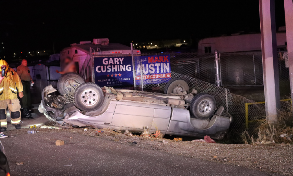 On Tuesday, September 24th, at approximately 7:29 p.m., Fillmore Police Department, Fillmore Fire Department, and AMR Paramedics responded to a reported a single-car rollover on eastbound SR126 near Pole Creek. Arriving firefighters found a silver Ford Ranger on its roof, with the driver out. Deputies closed both eastbound lanes, leaving the center divider free for through traffic. No ambulance transports were made; cause of the crash is being investigated. Photo credit Angel Esquivel.