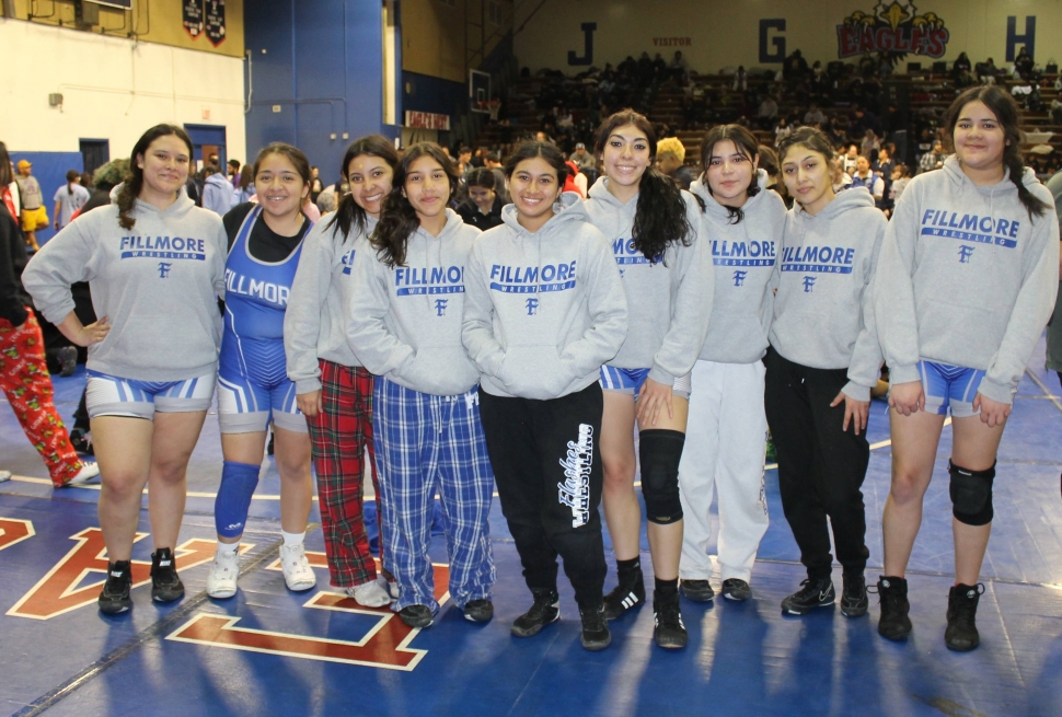 On Saturday, January 25, 2025, Fillmore Flashes Girl’s Wrestling competed in Norwalk and showed very well. The Flashes will host the Citrus Coast League Finals on Saturday, February 8th at 10:00am at Fillmore High. Pictured (l-r) are Ava Manzano, Alexa Martinez, Jacqueline Lomeli, Naomi Bonilla, Emma Torres, Skyla Sandoval, Michelle Pinedo, Juliet Bustos, and Candy Aguilar. Photo credit FHS Girls Wrestling Head Coach Michael Torres. More photos online at www.FillmoreGazette.com.