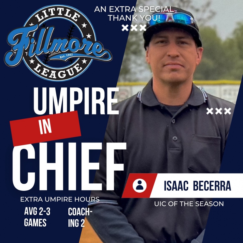A big thank you to the League’s Umpire in Chief, Isaac Becerra. He umpires not only 2-3 games on Saturdays; he also coaches two teams during the week.
Umpires are often the forgotten about Thank You. They take a lot of heat from spectators, remain cool under pressure, and are there for the kids. After having the wonderful job of officiating youth sports, I feel called to remind people of that. They are making the best call they can under a lot of pressure. It’s not for the faint of heart.
None of these guys are trying to make bad calls to any team’s advantage or to show favoritism. This is something I know to be true as I have rooted for kids in my head from both sides while officiating.
This is a small town, we know kids, friends and family all over youth sports. Let’s have a heart for the umpires’ hard work. I personally would never want to wear that get-up in the Fillmore sun!
Way to go, Isaac and the Umpire team. Thanks for everything you do! It does not go unnoticed. Photo/article courtesy Brandy Hollis.