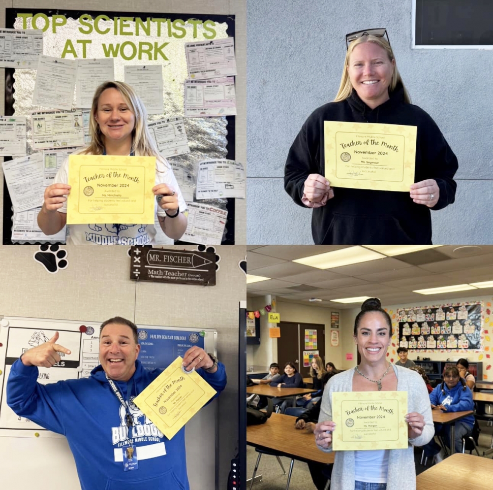 Fillmore Middle School Principal Jenny Plugge said, “FMS wants to congratulate our November Teachers of The Month! Ms. Minichiello, Ms. Seymour, Mr. Fischer and Ms. Morgan. Selected by their students for being outstanding teachers.” Courtesy https://www.facebook.com/photo.php?fbid=1126448532815960&set=a.1037438868383594&type=3.