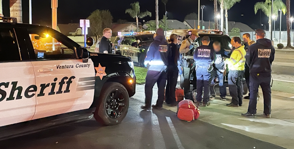 On Friday, October 18th, around 9:50 p.m., a Ventura County Sheriff deputy conducted a citizen hail/subject stop in front of the Bunnin Chevy dealership. According to radio traffic, the suspect fled from the deputy; after a short pursuit officers were able to apprehend the subject in McDonald’s parking lot, Ventura Street. Due to the suspect’s difficulty breathing, deputies at the scene requested that Fillmore Fire and AMR Paramedics responded to the scene. The patient was transported to a local hospital and then taken to the main jail, arrest cause unknown. Photo credit Angel Esquivel.
