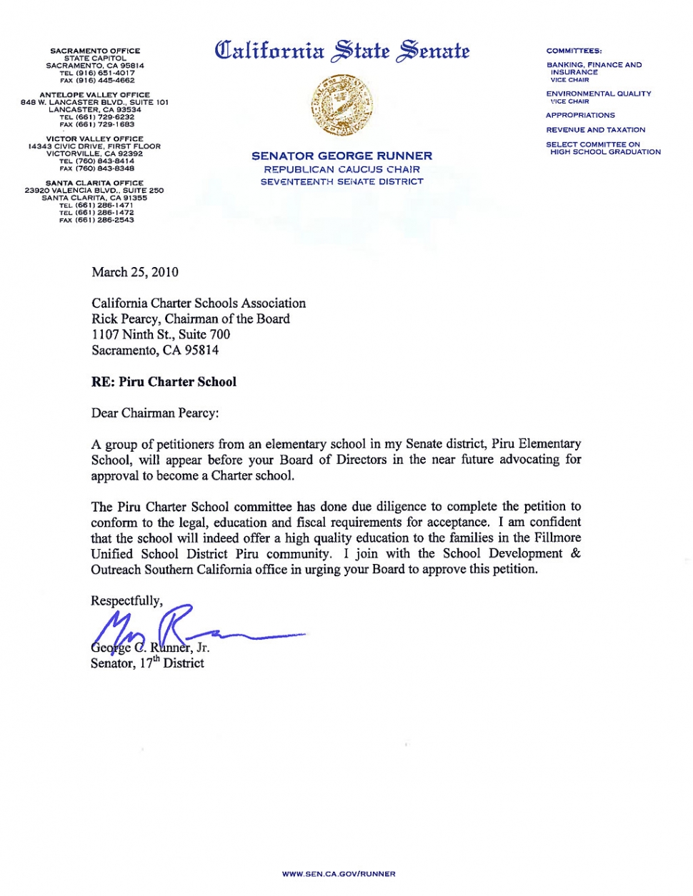 Letter from Sen. George Runner supporting Piru Charter School
