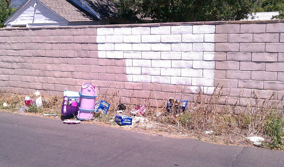 Graffiti, trash and weeds litter the neighborhood near A Street and Blaine Avenue.