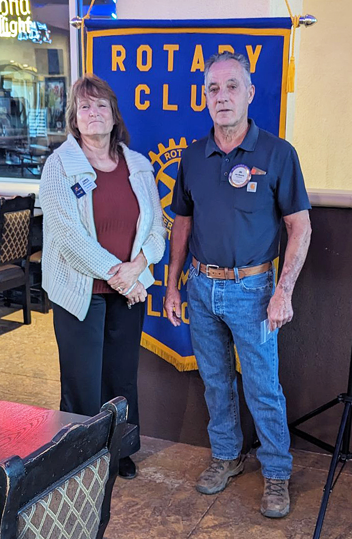 Pictured is Fillmore Rotary President Anna Reilley presenting Joe Ricards a Rotarian of the Month pin. Joe is an active member and always willing to BBQ at special events. He also built a beautiful BBQ for the Rotary Club and FFA Boosters Casino Night Auction. Photo credit Martha Richardson.