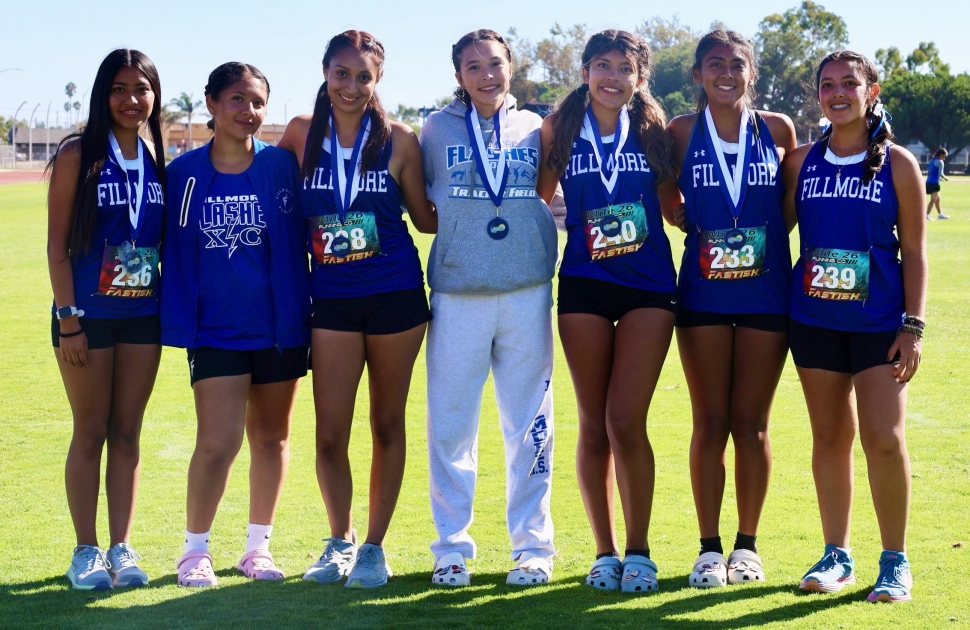 On Thursday, September 26, the Lady Flashes brought home some hardware “medals” from the Raider Invite at College Park in Oxnard. Pictured (l-r) are Jannet Vega, Valerie Rodriguez, Marbella Arroyo Tapia, Michelle Setty, Melanie Flores, Emily Soltero, and Megan Robles. Photos credit of Anthony Chavez. See more photos online at www.fillmoregazette.com.