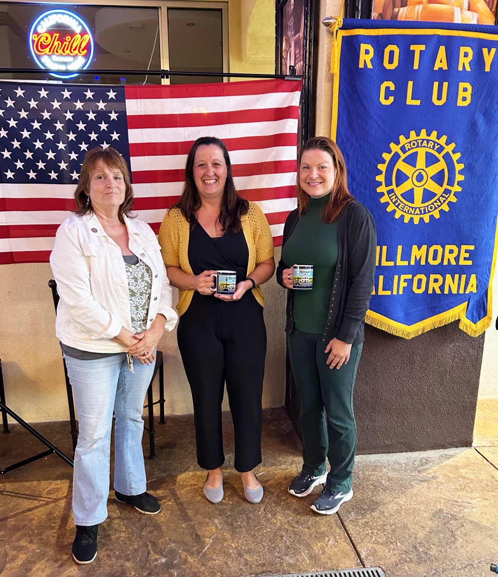 Rotary Club of Fillmore hosted Stephanie West and Charleen Boucher as guest speakers. They talked about VC Trykers, a non-profit organization dedicated to creating and providing mobility by providing Amtryke adaptive tricycles. These tricycles benefit both children and adults. They can be hand or foot powered and accommodate riders of all sizes, ages and abilities. Pictured (l-r) is President Anna Reilley, presenting a Rotary mug to guest speakers West and Boucher. Photo credit Martha Richardson.