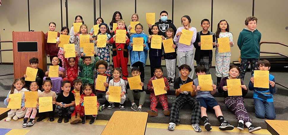 On Tuesday, November 26, 2024, Principal Beverly Garnica presents Rio Vista Elementary’s “Stars of the Month.” An award for students based on the character trait of kindness.” Courtesy https://www.facebook.com/photo/?fbid=1032536872217292&set=a.479636187507366.