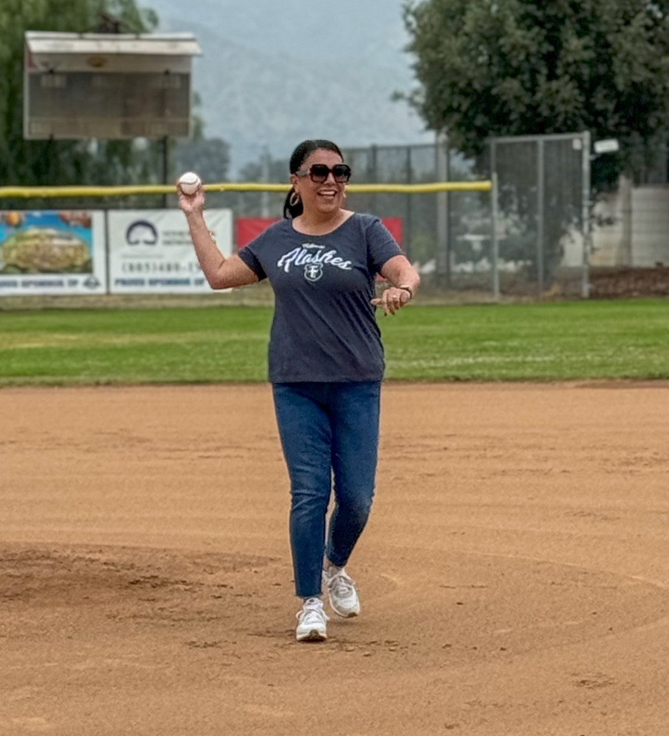 On Saturday, June 8, 2024, FUSD Superintendent Christine Schieferle threw out the first pitch for the first game of Rising Stars 9U Tournament hosted by Fillmore Little League. Games are still on-going; it was the first tournament the league has hosted since COVID. The superintendent was also presented with flowers as a thanks from the league for all her support. Courtesy Brandy Hollis.