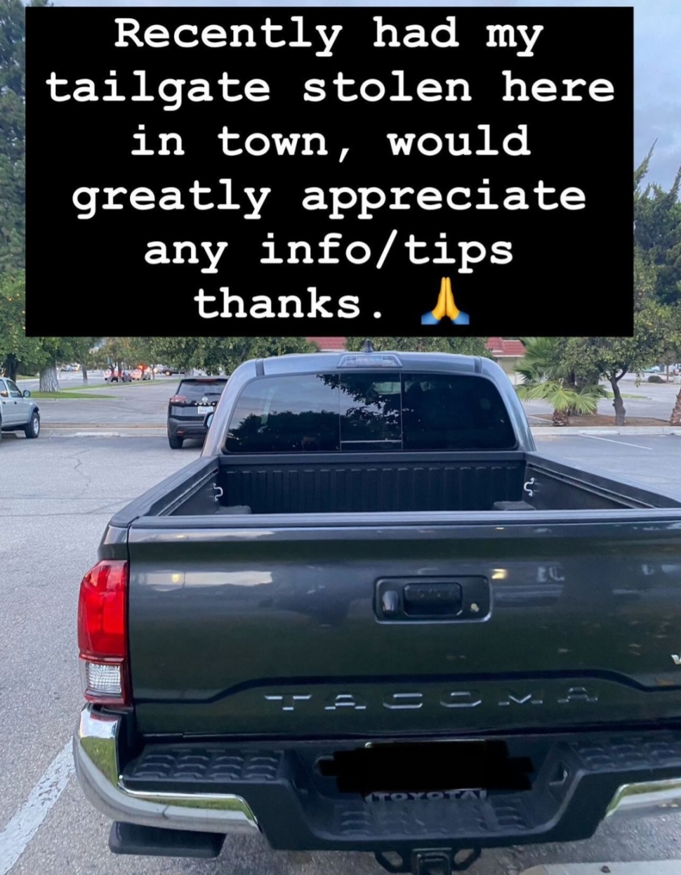 Watch out, Fillmore, people are stealing tailgates. On Wednesday, July 10, 2024, a Fillmore resident came out to find his tailgate stolen between 11am-noon. The theft took place in the parking lot of his place of work here in town, the nursing home parking lot off of B Street. He reported the theft to police and posted this photo above on Instagram in hopes of finding more information.