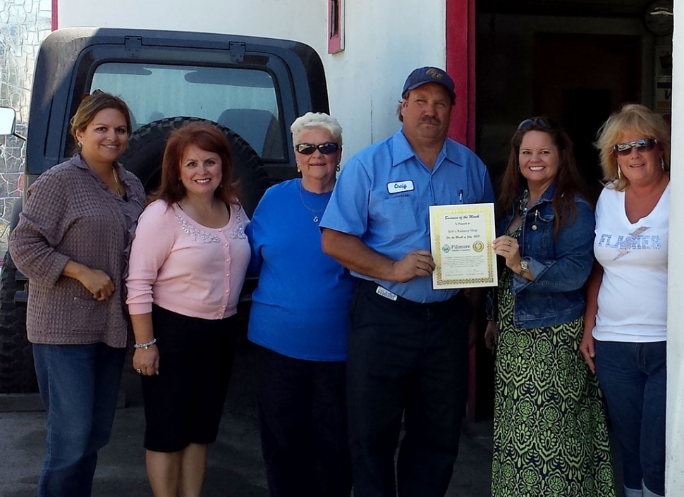 Fillmore Business of the Month. (l-r) Ari Larson Vice President Fillmore Chamber, Theresa Robledo Board Director, Evelyn Hasty Co Owner, Craig Cole Co Owner, Presenting Certificate Chamber President Cindy Jackson, Lynn Cole, Craig's wife.
