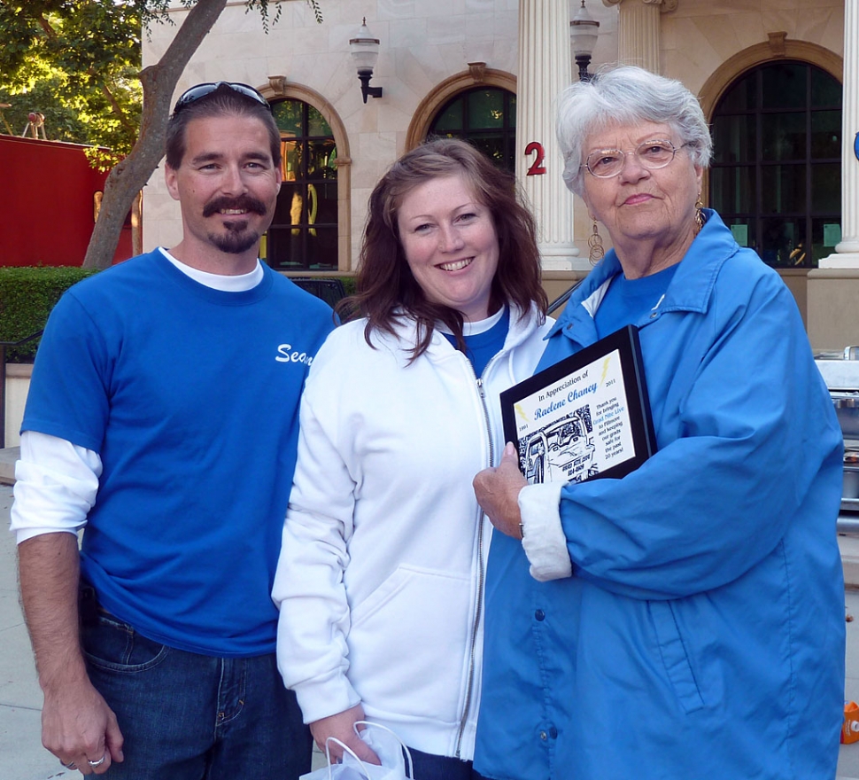 Raelene Chaney, right, received a plaque honoring her 20 years of service to Grad Nite Live, an organization she founded to keep graduating students party-safe. The plaque was presented Friday morning, after the GNL cruise, by GNL vice-president’s Sean and April Hastings of Attaction Spa. Mrs. Chaney was surpised and happy!