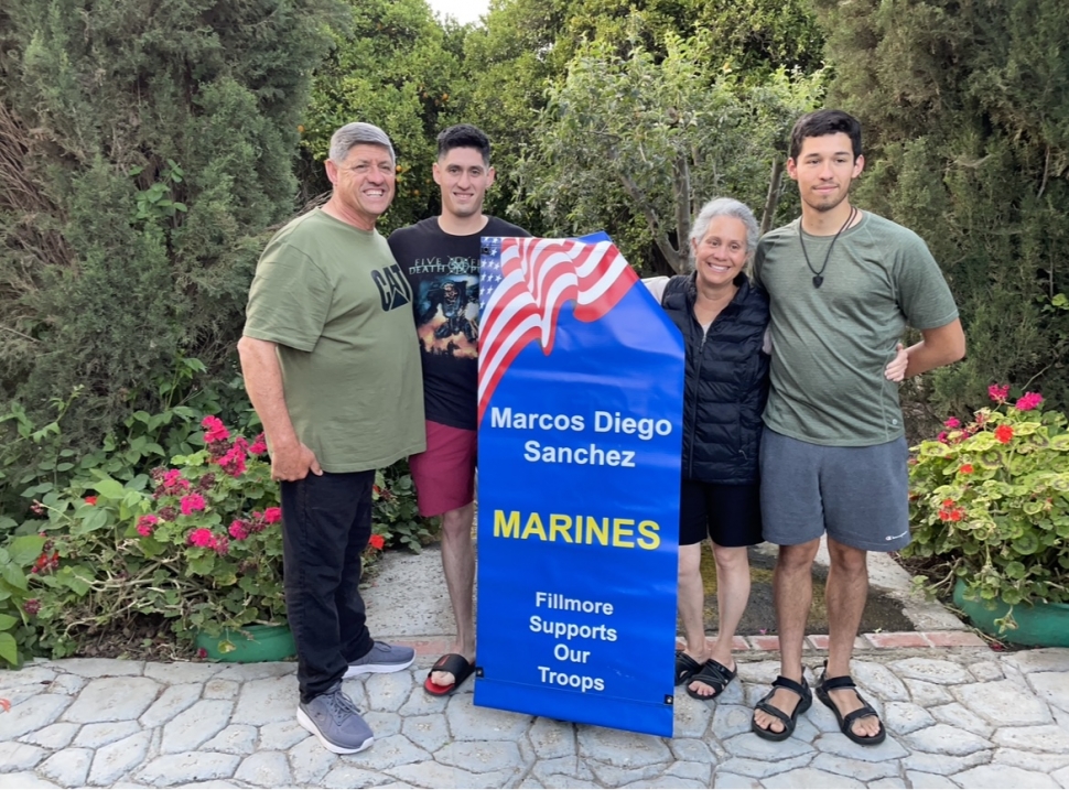 Marcos Diego Sanchez of Fillmore was commissioned as a Second Lieutenant in the US Marine Corps. The ceremony took place at the Ventura cross on February 3, 2023. Marcos is currently in Quantico, Virginia, where he will remain for the next 6 to 9 months. Pictured above is Marcos along with his family standing next to his military banner to be hung up on Central Avenue at a later time. Left to right is Mario, Marcos, Graciela and Alexandro. Inset, is Marcos at the Ventura Cross during his ceremony.