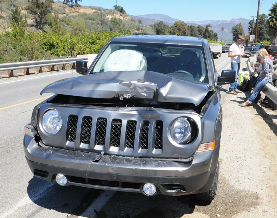 At approximately 11 a.m. Friday afternoon a two-car collision occurred on Highway 23 on the approach to Grimes Canyon. This Jeep and another car were moderately damaged.