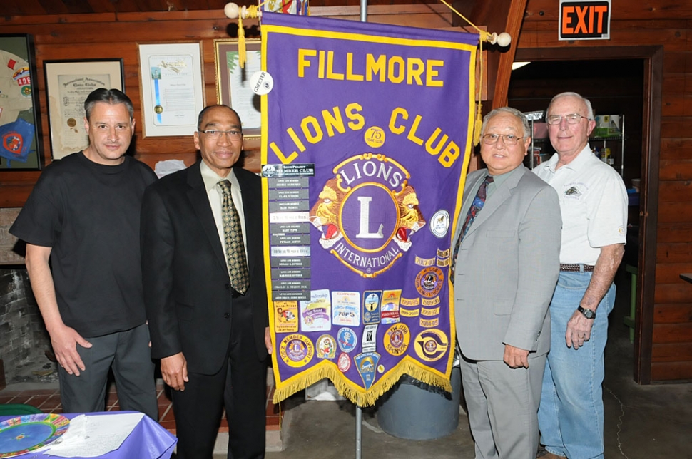 At Monday night’s Lions Club meeting speakers Superintendent Dr. Alan Nishino (right center), and Interim Assistant Superintendent Michael Johnson (left center) spoke. Also pictured Vic Gongora (left), and Bill Dewey (right).