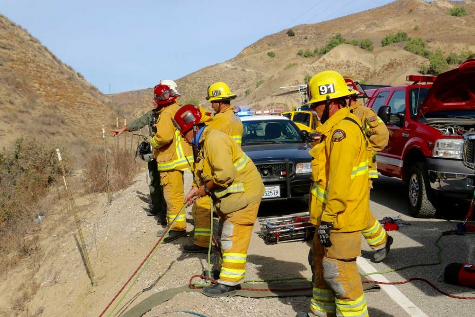 On Tuesday, December 8th Fillmore Fire Department respond along with Ventura County Fire to a report of a motorcyclist off the side of the road in Balcom Canyon after he lost control of his bike. Upon arrival Engine 91 found the rider about 25 feet down the mountain. Immediately the crew aided in setting up the ropes to rappel down to the individual. Upon evaluating the rider they found that his injuries were extensive and required the air squad to airlift him to a local area hospital. Photo courtesy Sebastian Ramirez.