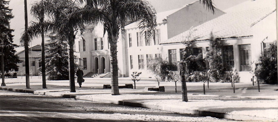 Snow on the ground in front of Fillmore High.