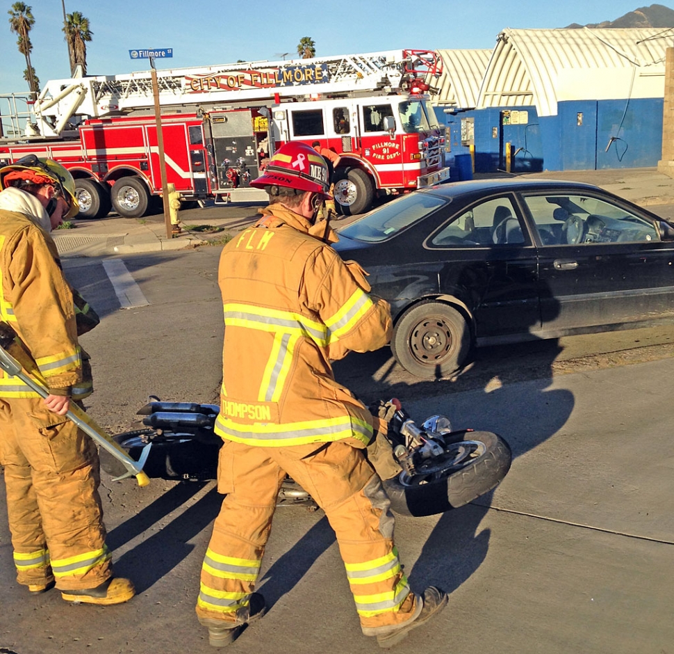 On Tuesday, January 22, 2013, the Fillmore Fire Department responded to a traffic collision at the corner of Ventura St. and Fillmore Street at approxiametly 7:45 am. This was a vehicle vs. motorcycle, minor to moderate injuries to the motorcyclist. Driver was shaken but no injuries to report.