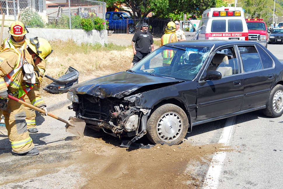 An accident occurred Monday about noon when this vehicle ran into an 18-wheeler near the intersection of
Mountain View and Highway 126. The truck suffered very little damage, while the car was badly damaged.
