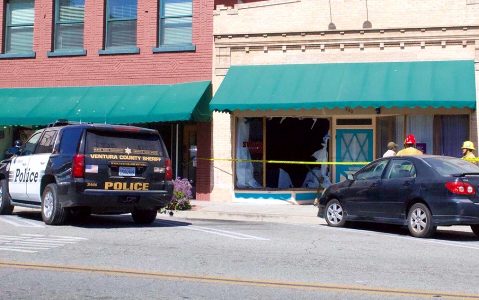 On Monday, July 5, at 3:15pm, the Ventura County Sheriff’s and Fillmore Fire Departments were dispatched to a reported vehicle into structure, with the vehicle fleeing the scene. The crash occurred in a fitness gym storefront at 330 Central Avenue. Sheriffs were able to locate the driver in the area of Central Avenue and Santa Clara Street. No one was injured in the crash. Cause of the crash is under investigation. Photo courtesy Angel Esquivel-AE News.